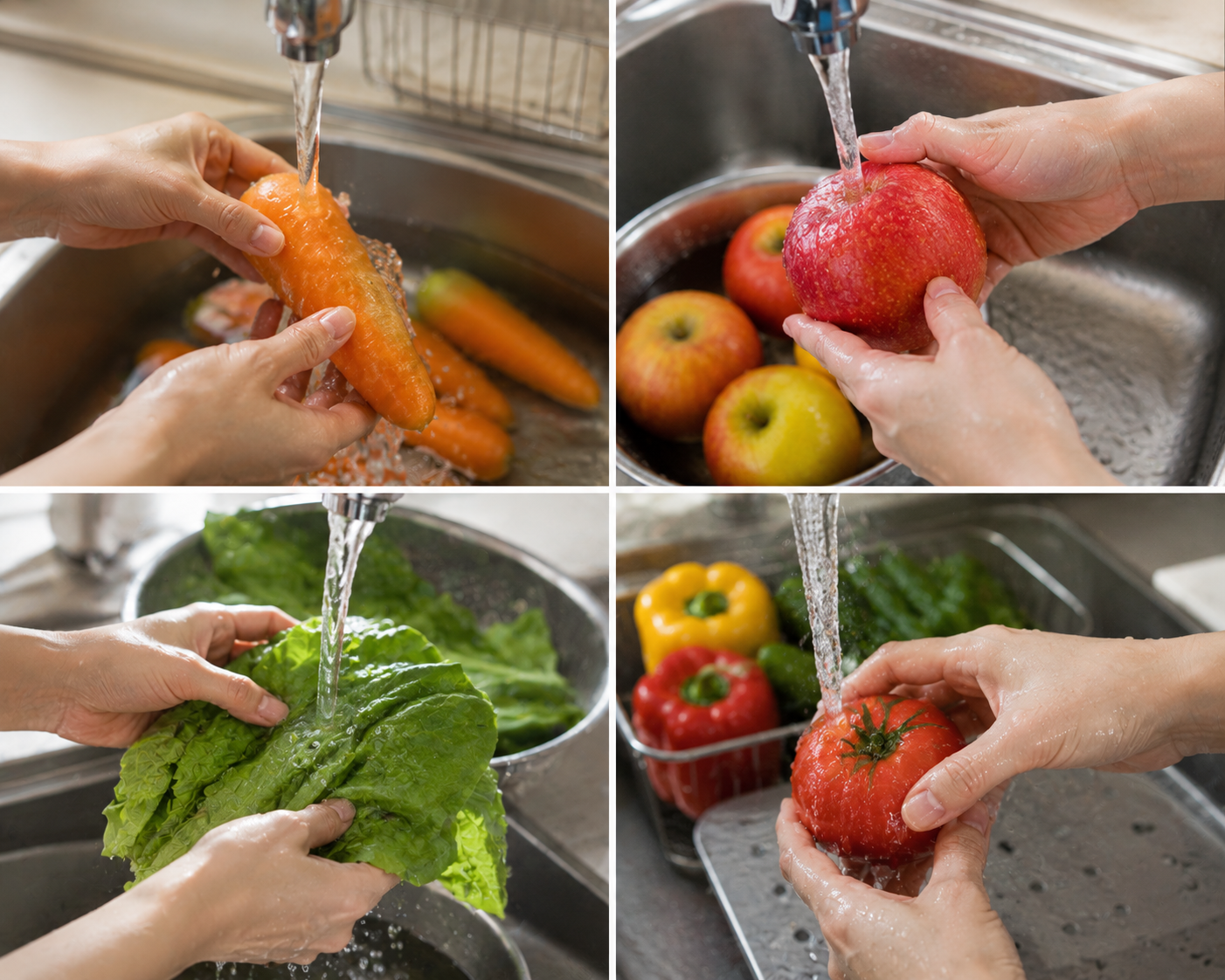野菜や果物を流水で洗っている様子