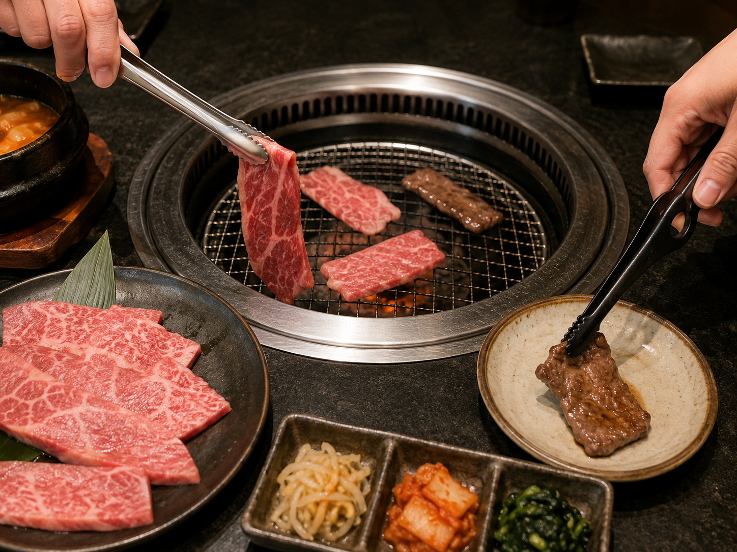 生肉用と食べる用のトングを分けている様子