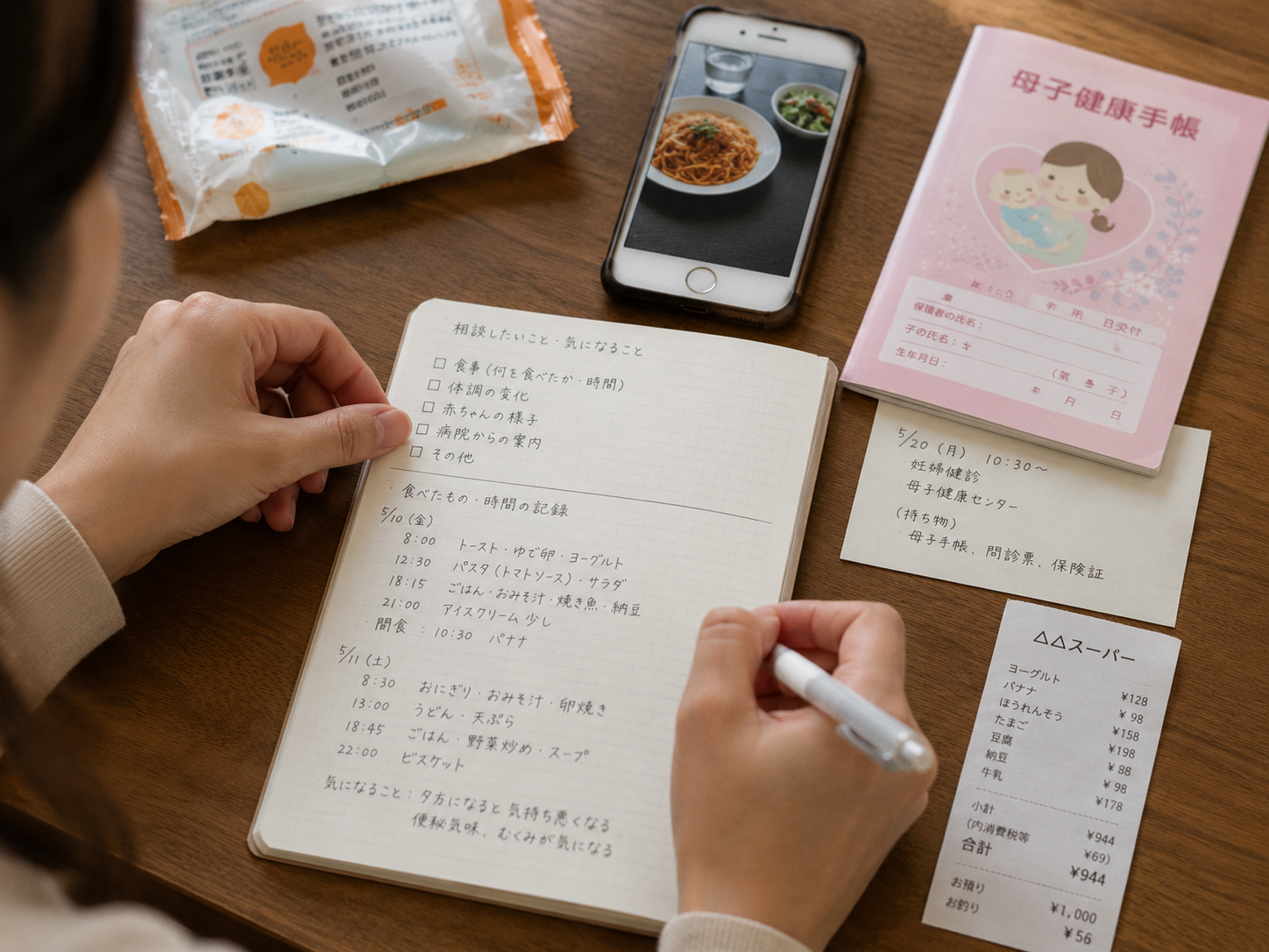 食べたものや時期をメモして相談内容を整理するイメージ