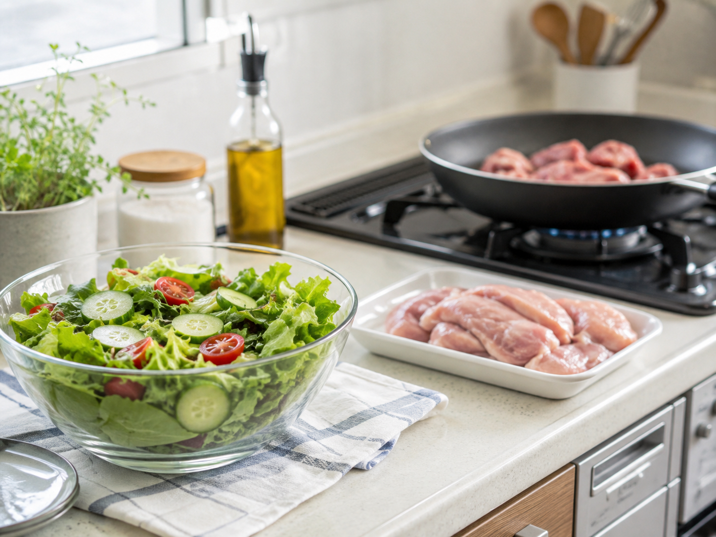 サラダを先に作り、その後に生肉を調理する様子
