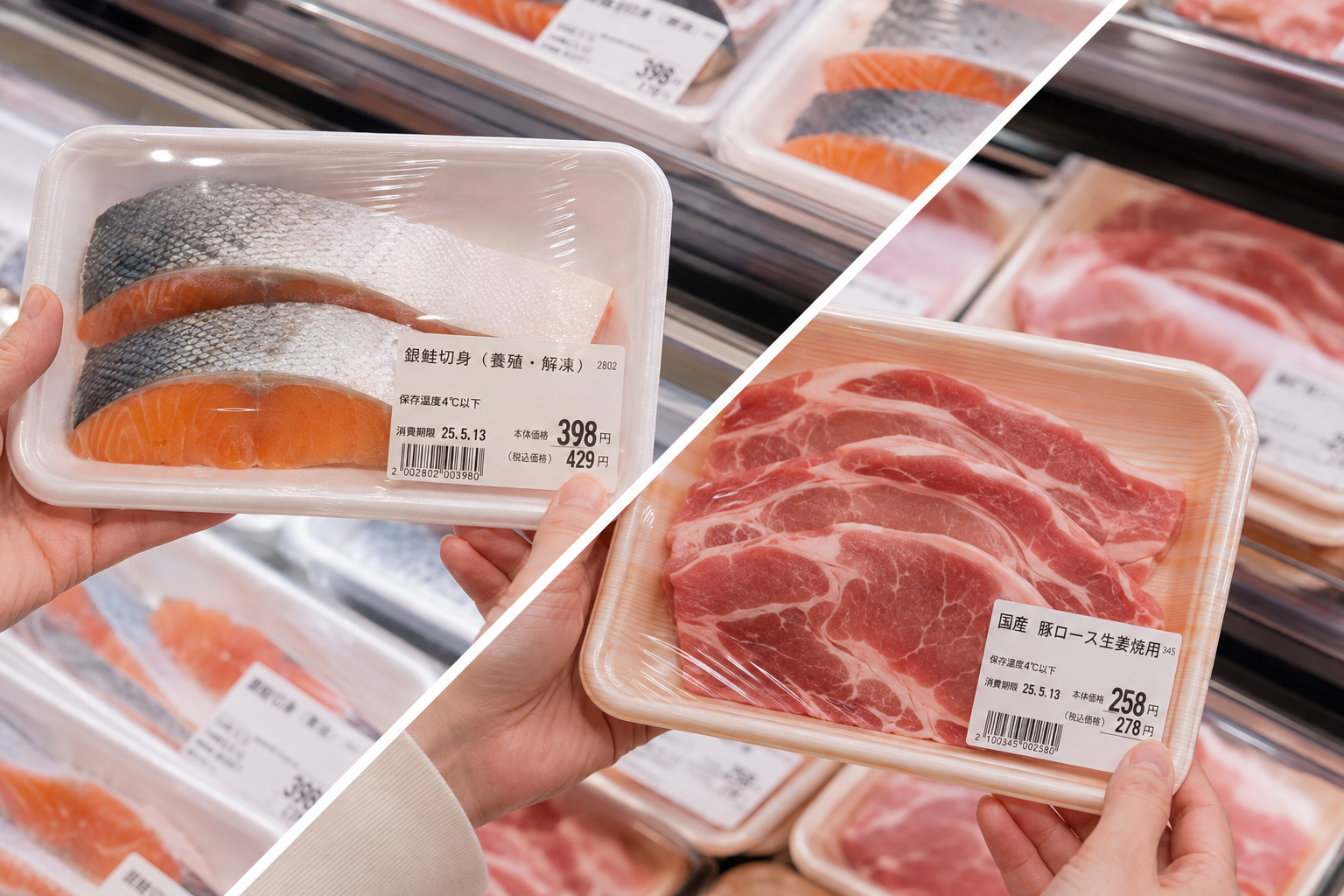 スーパーで食品表示を確認している様子