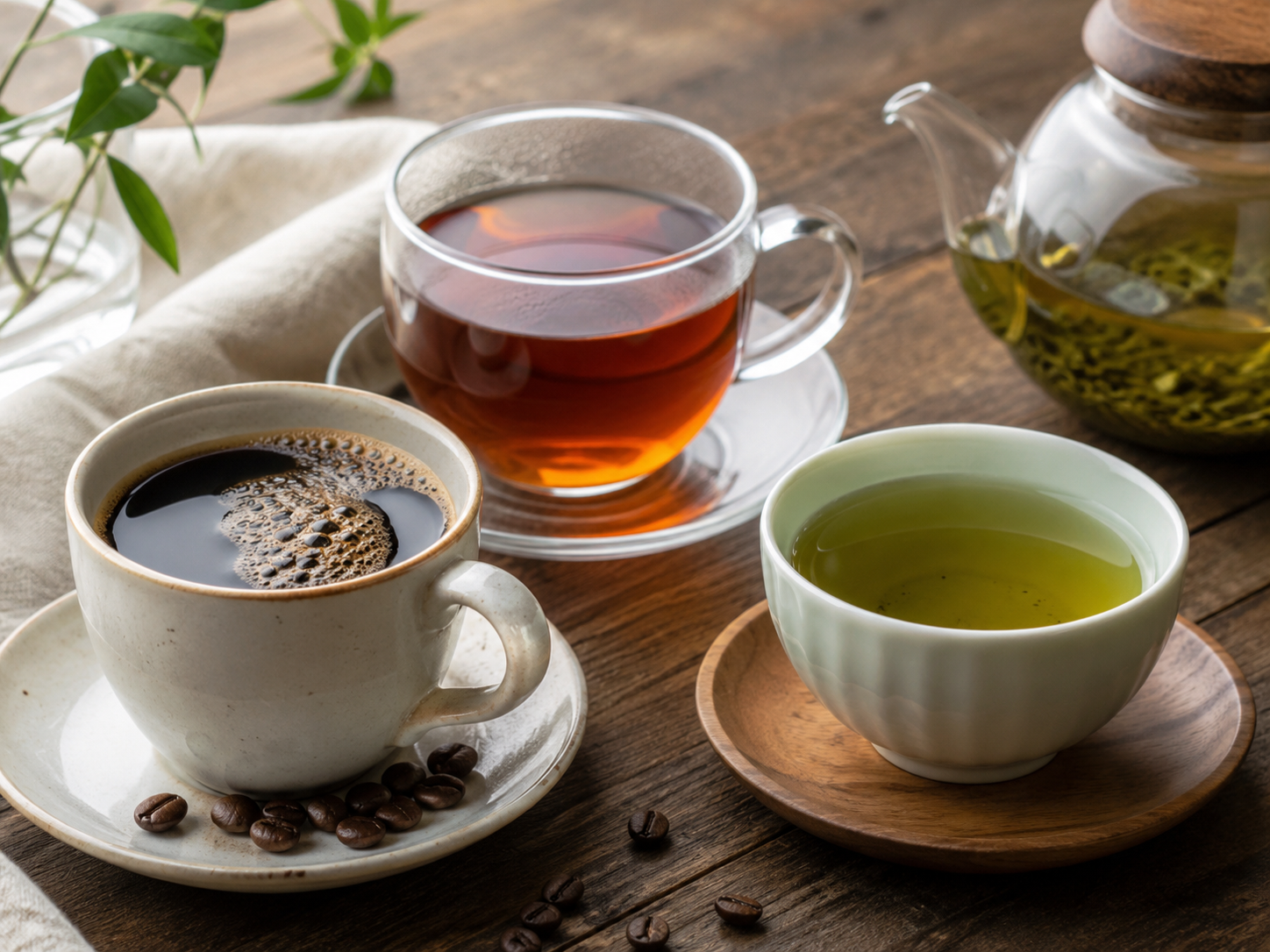 コーヒー、紅茶、緑茶などカフェインを含む飲み物